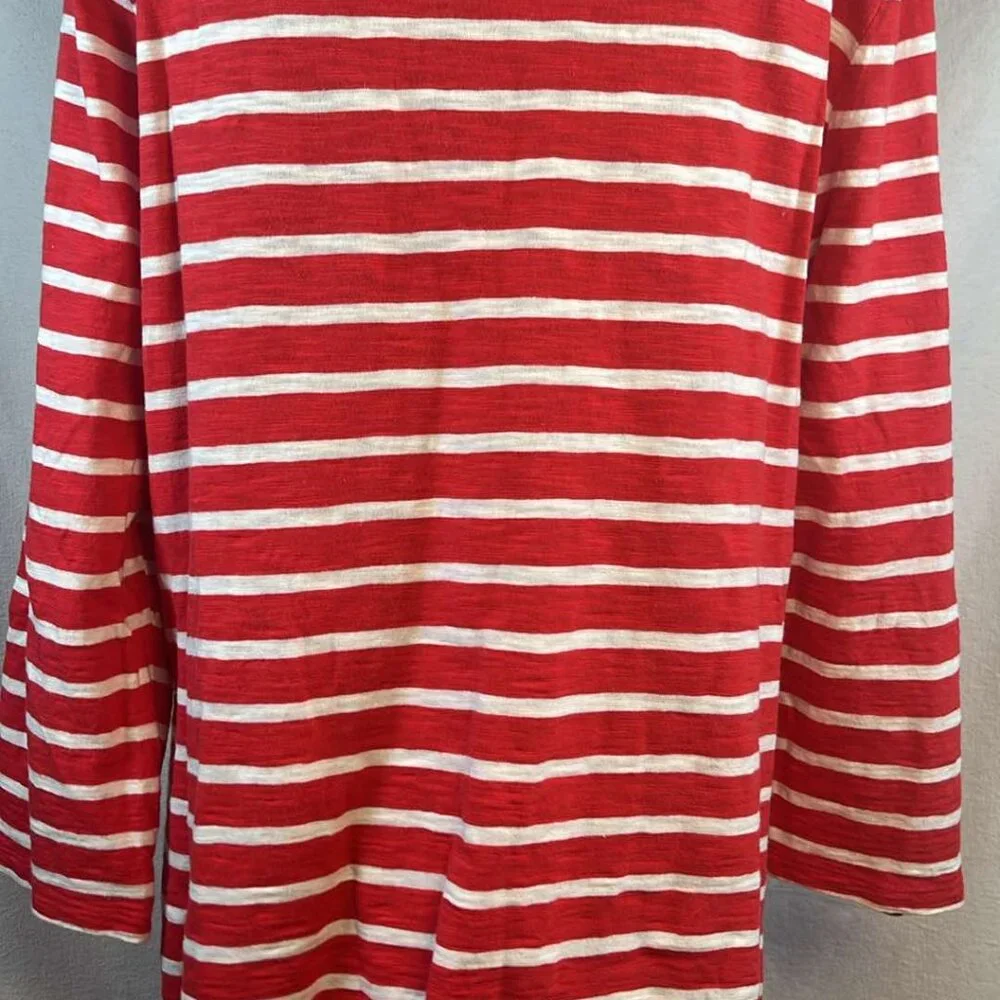 Talbots Cotton Top Red White Striped Square Neck Lattice Detail Sz L 3/4 Sleeves